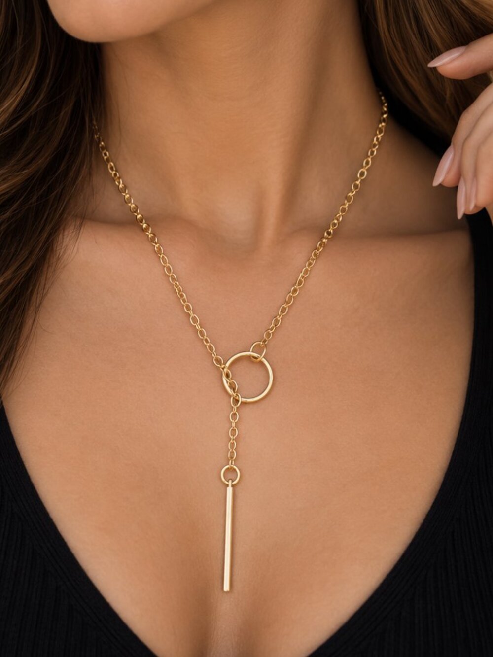 Gold Lariat Y Necklace Circle Bar 316L Stainless Steel Minimalist Front Closure